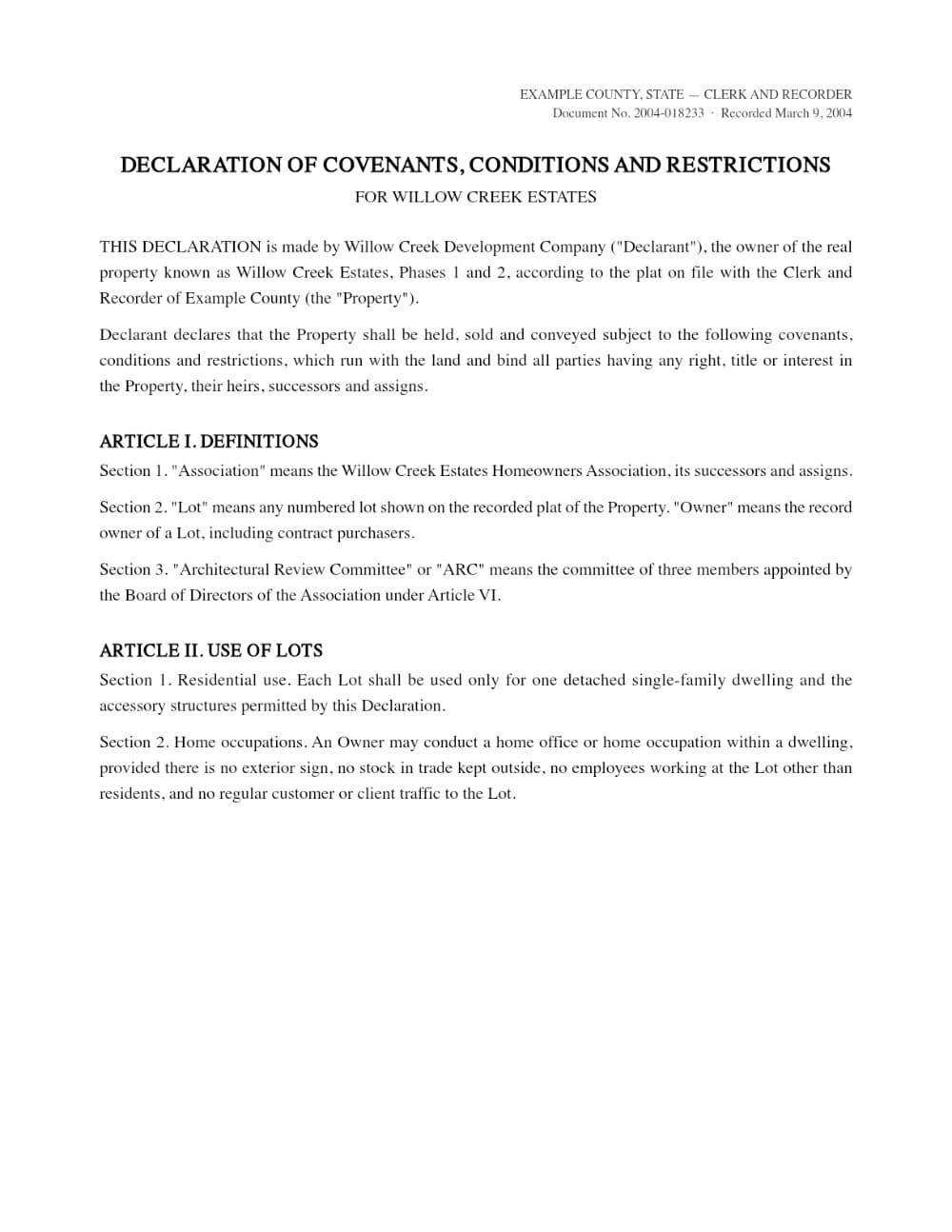Page 1 of the Willow Creek Estates sample packet